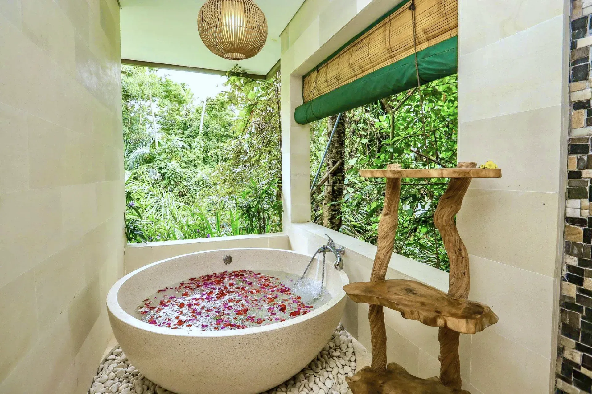 A villa terrace at the Earthy Angels Bali retreat, open to the garden