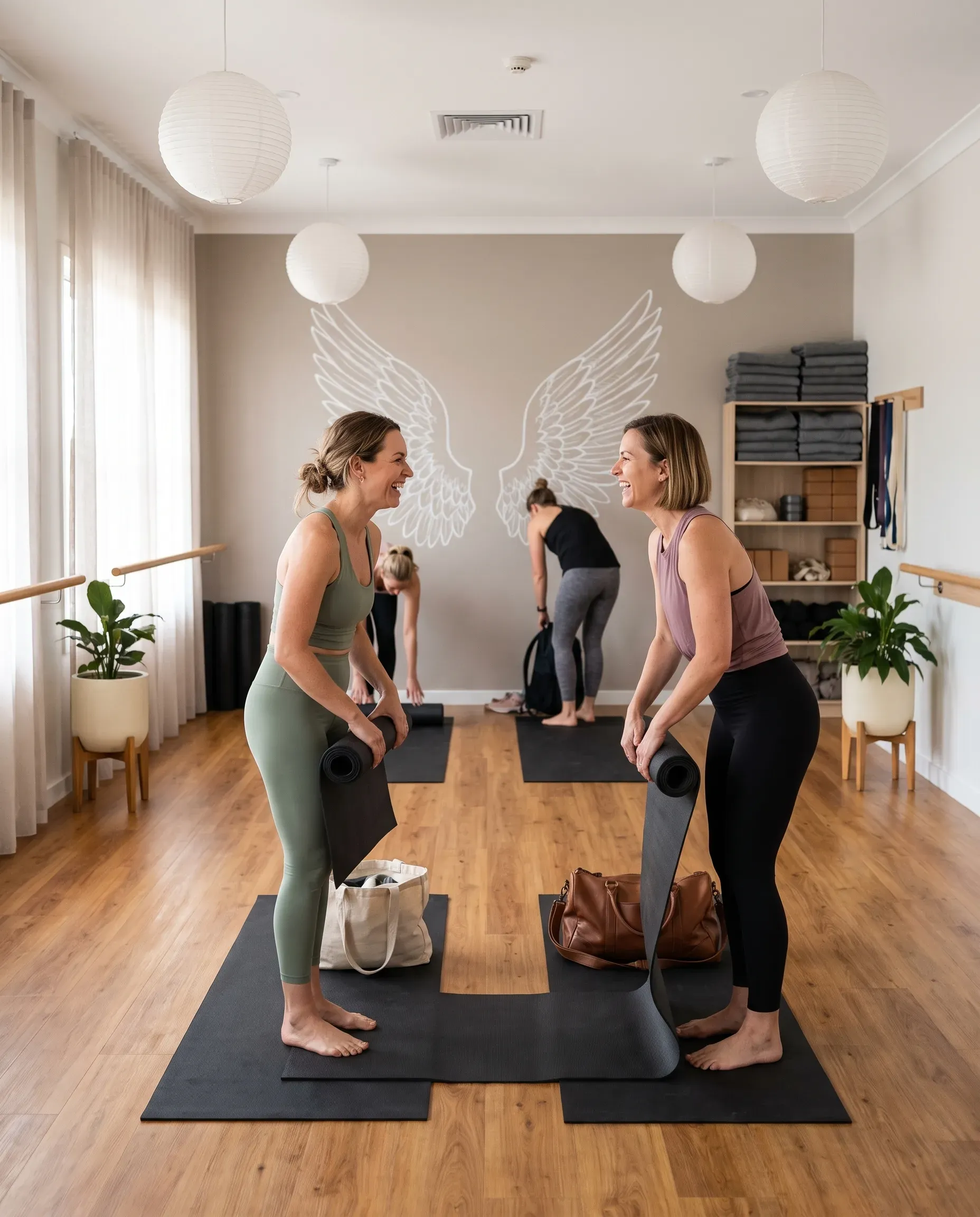 Two women rolling up their mats and talking after class, the studio emptying behind them