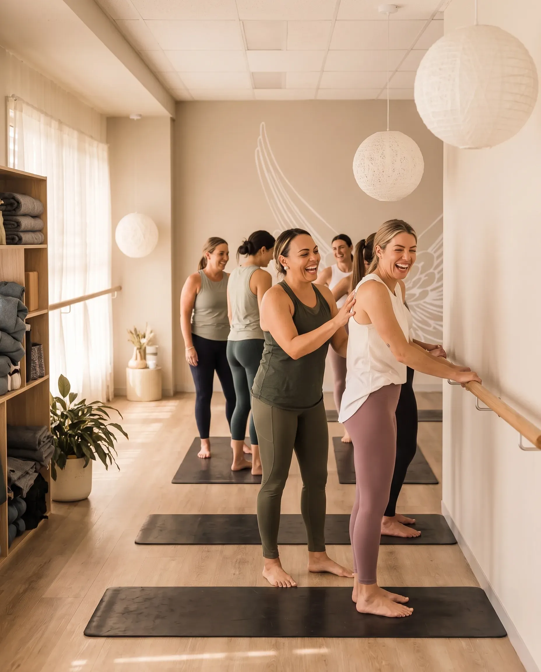 A teacher at the barre correcting a woman’s posture with a hand at her waist, both laughing