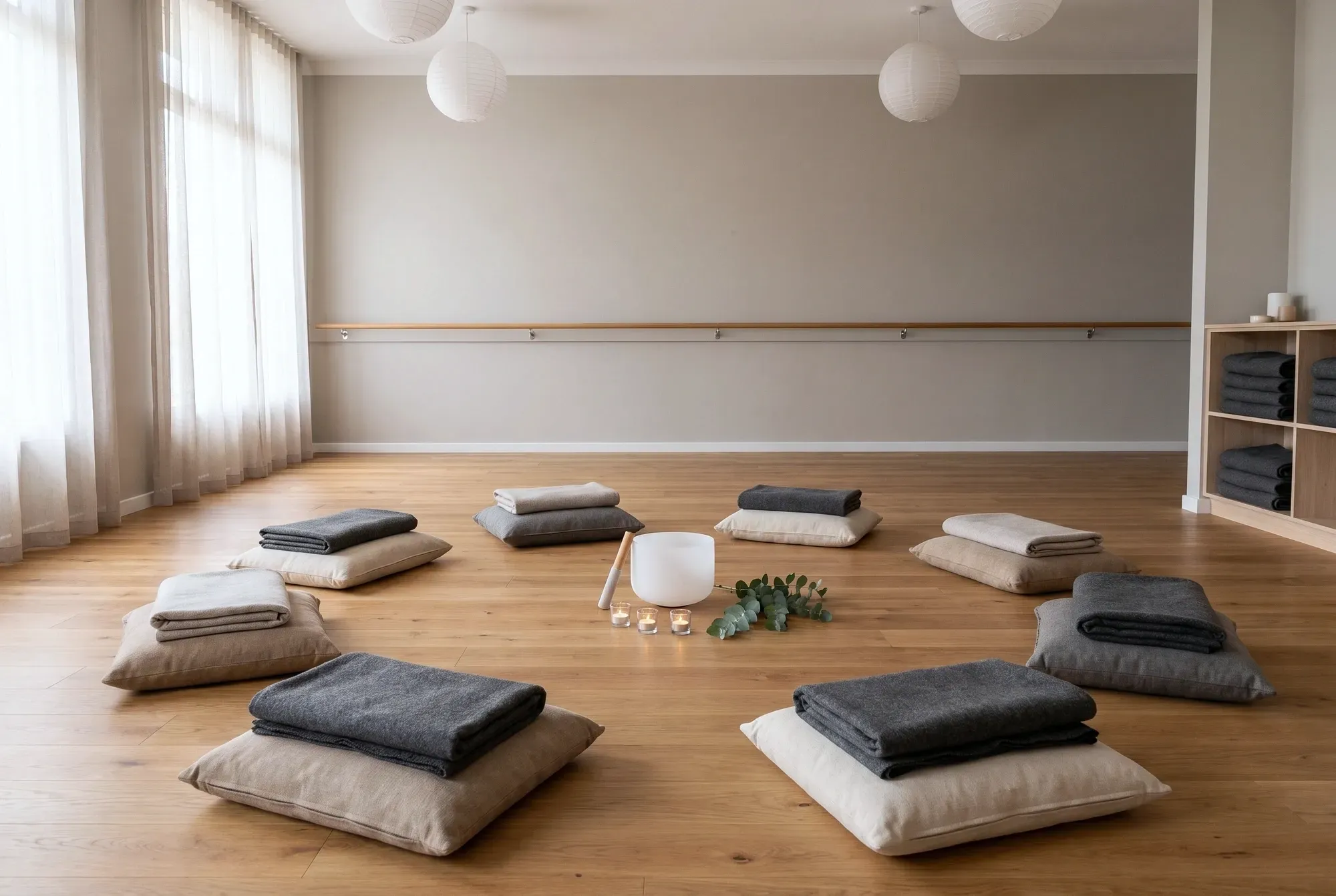 The studio set up for a circle before anyone arrives — a ring of floor cushions and folded blankets on the timber floor, a singing bowl and tea lights in the centre