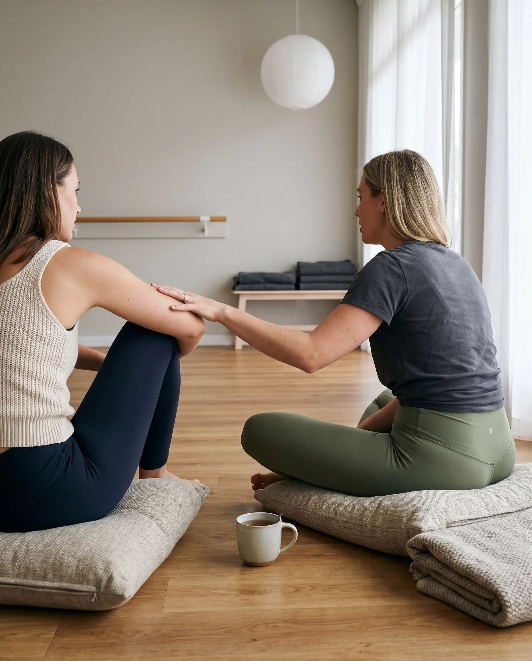 Two women sitting on floor cushions in the studio, one reaching across to rest a hand on the other's arm, both seen from behind