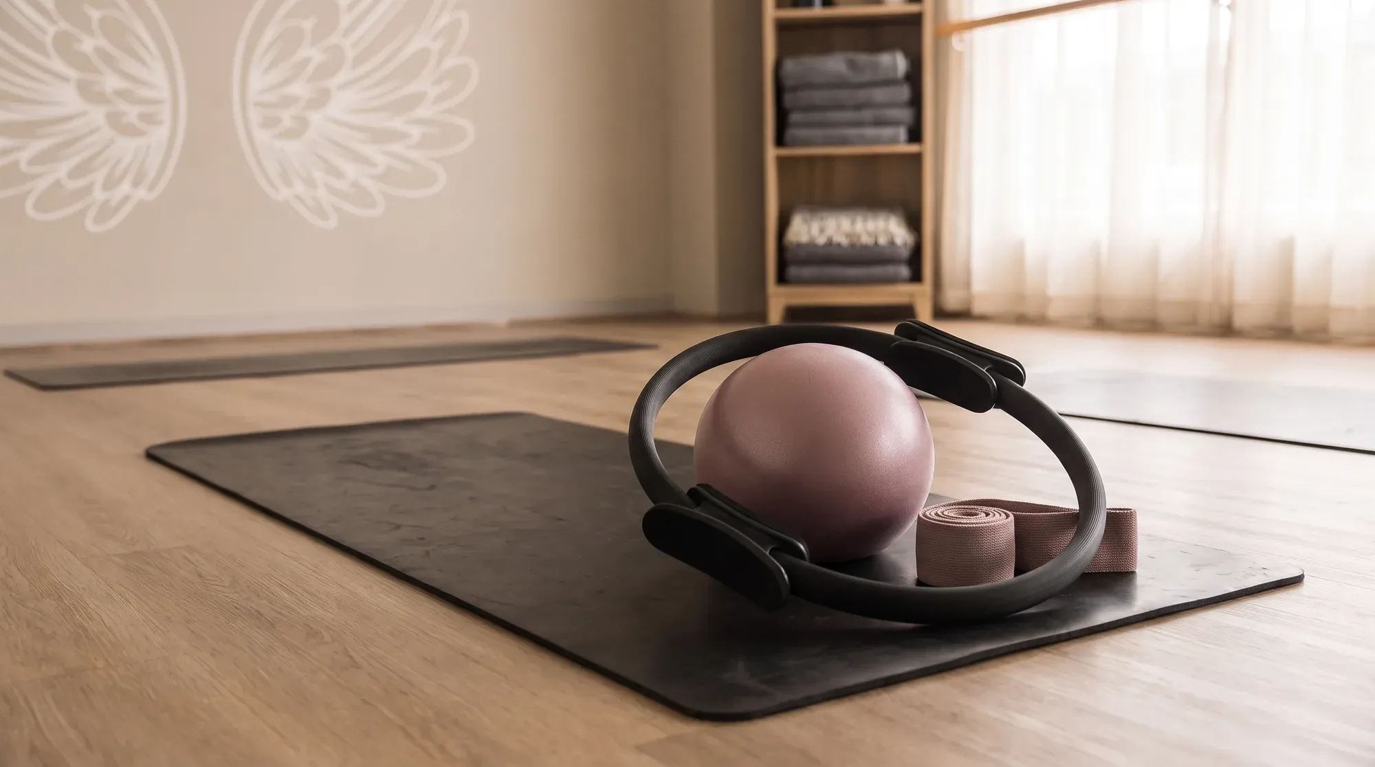 A Pilates ring, a soft ball and a rolled band resting on a mat on the timber floor