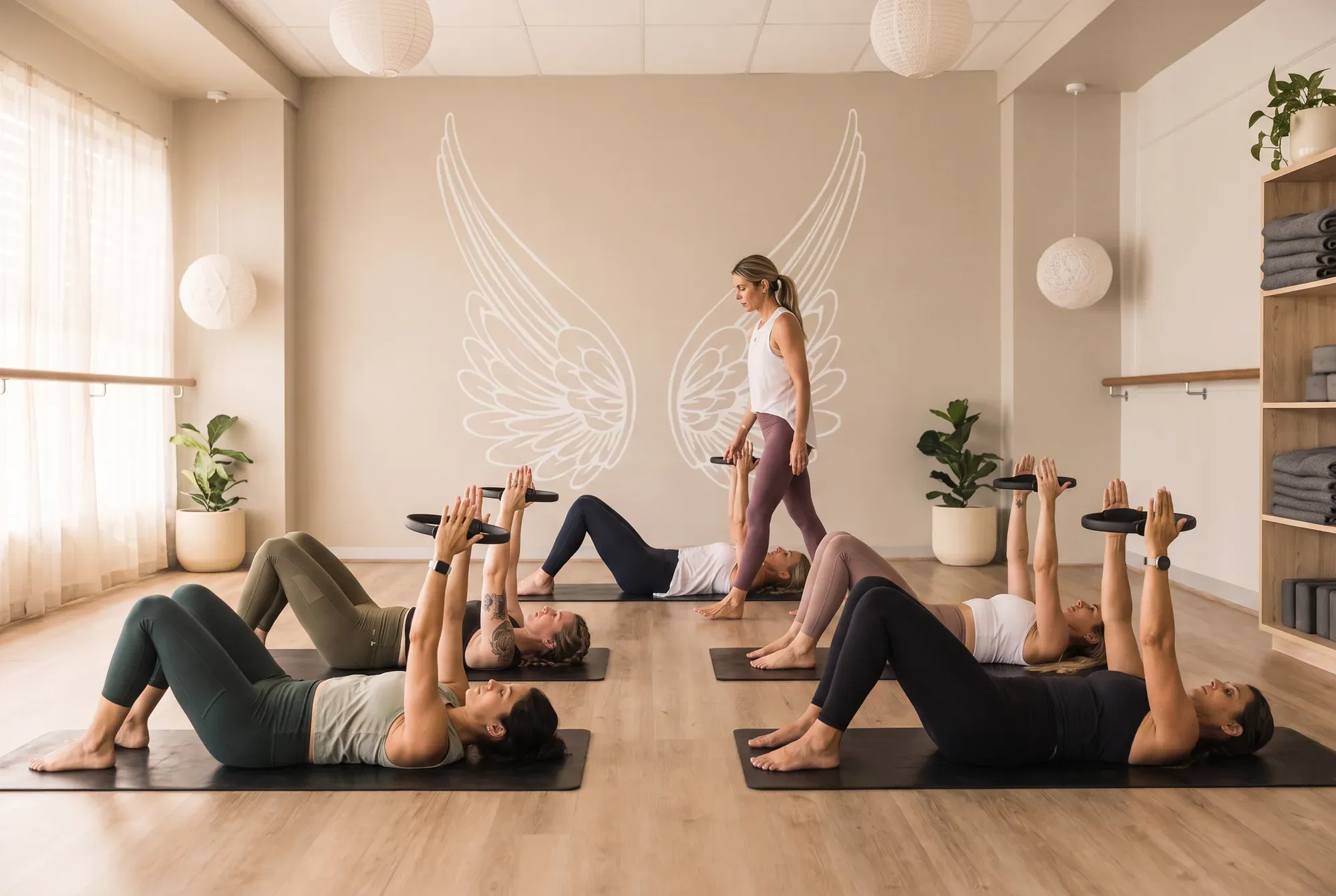 A mat Pilates class on their backs, knees bent, pressing rings above their chests