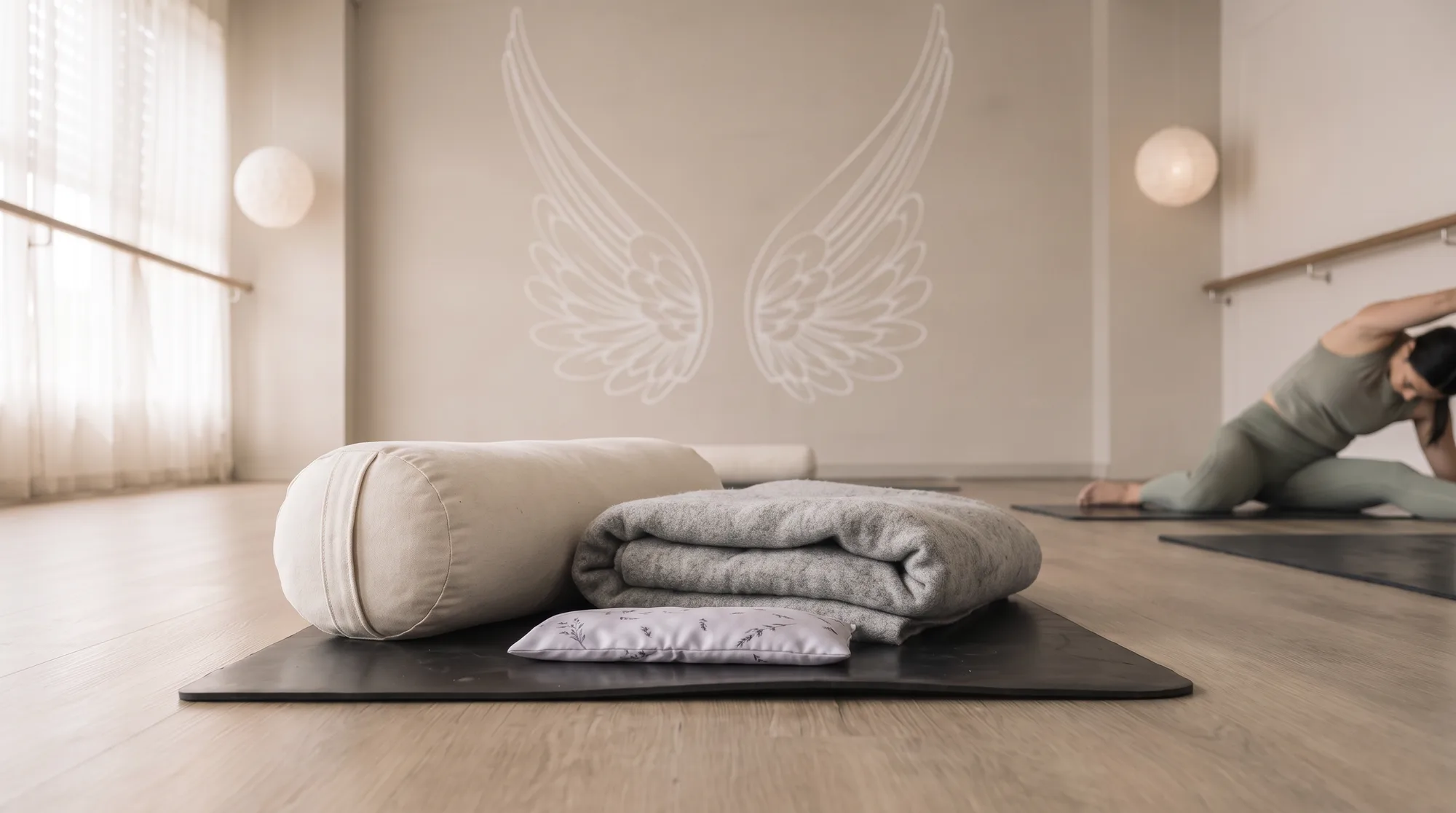 A bolster, folded wool blanket and lavender eye pillow set out on a mat in the Ormeau studio, beneath the painted wings