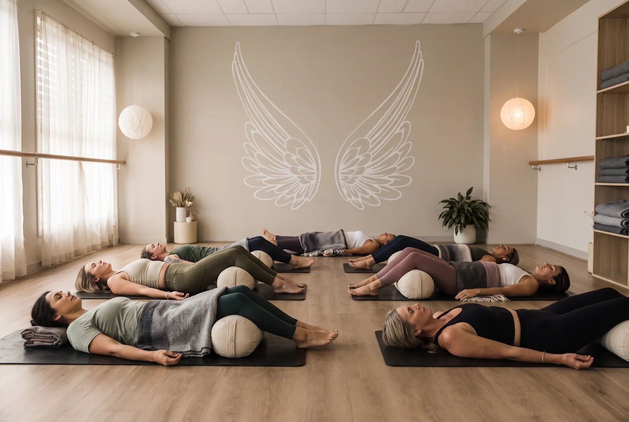 A restorative class lying supported by bolsters and blankets in the dimmed studio