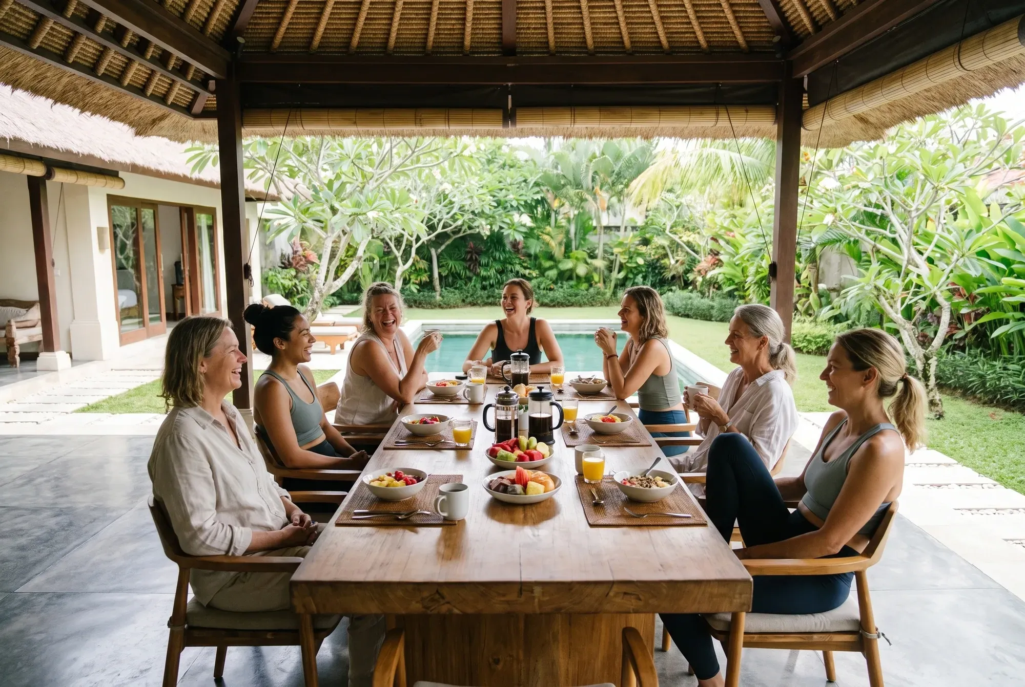A small group of women eating an unhurried breakfast together around one long table on the open villa pavilion, the garden and pool behind them