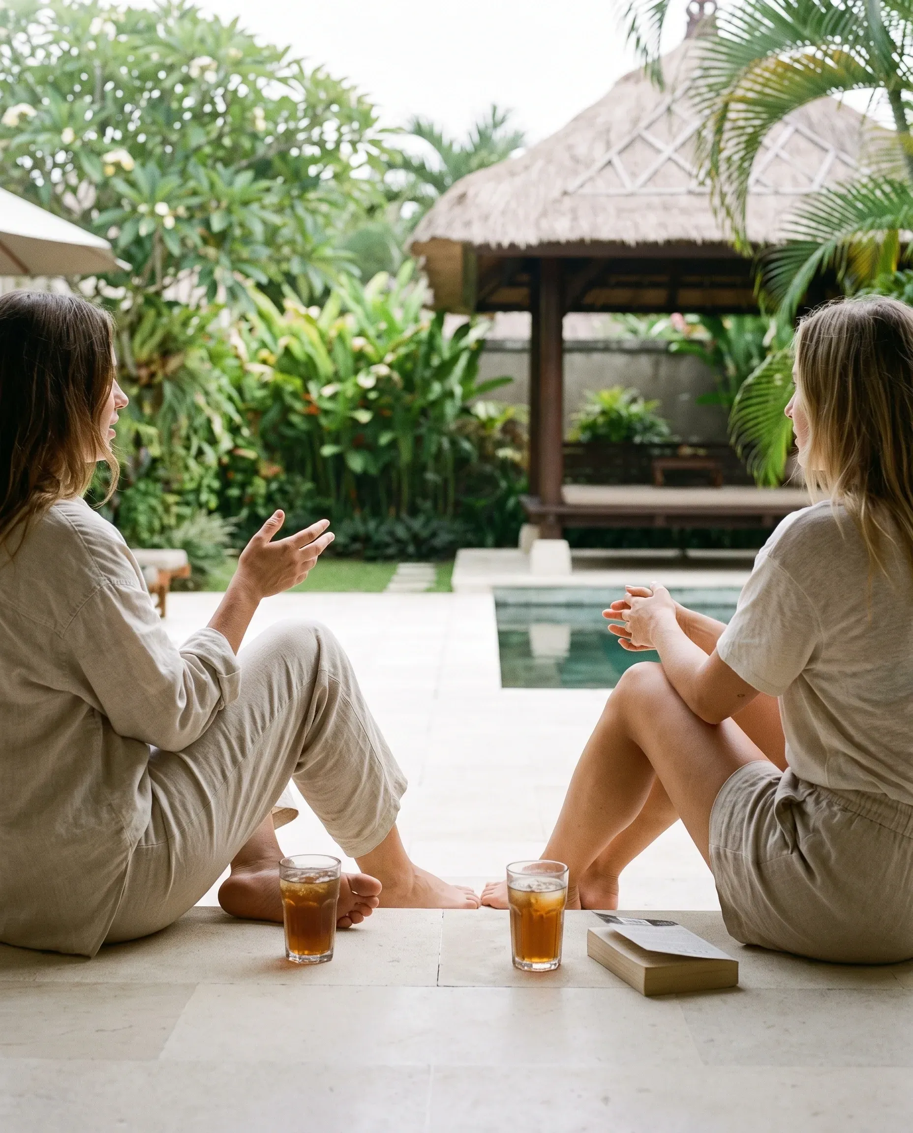 Two women sitting side by side on a villa terrace step in the afternoon, seen from behind, talking over iced tea