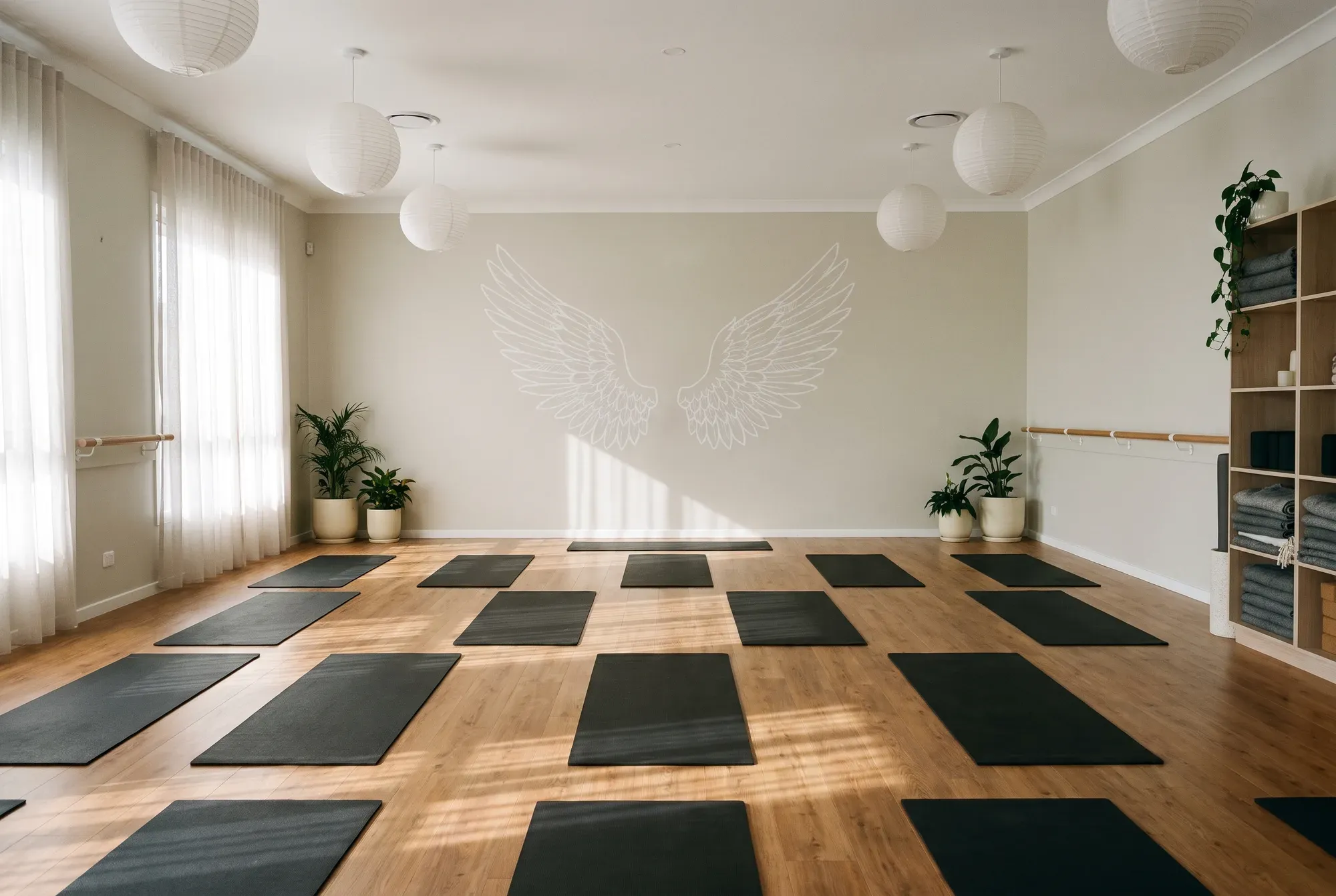 The empty studio before class, mats laid out in rows on the timber floor beneath the painted wings