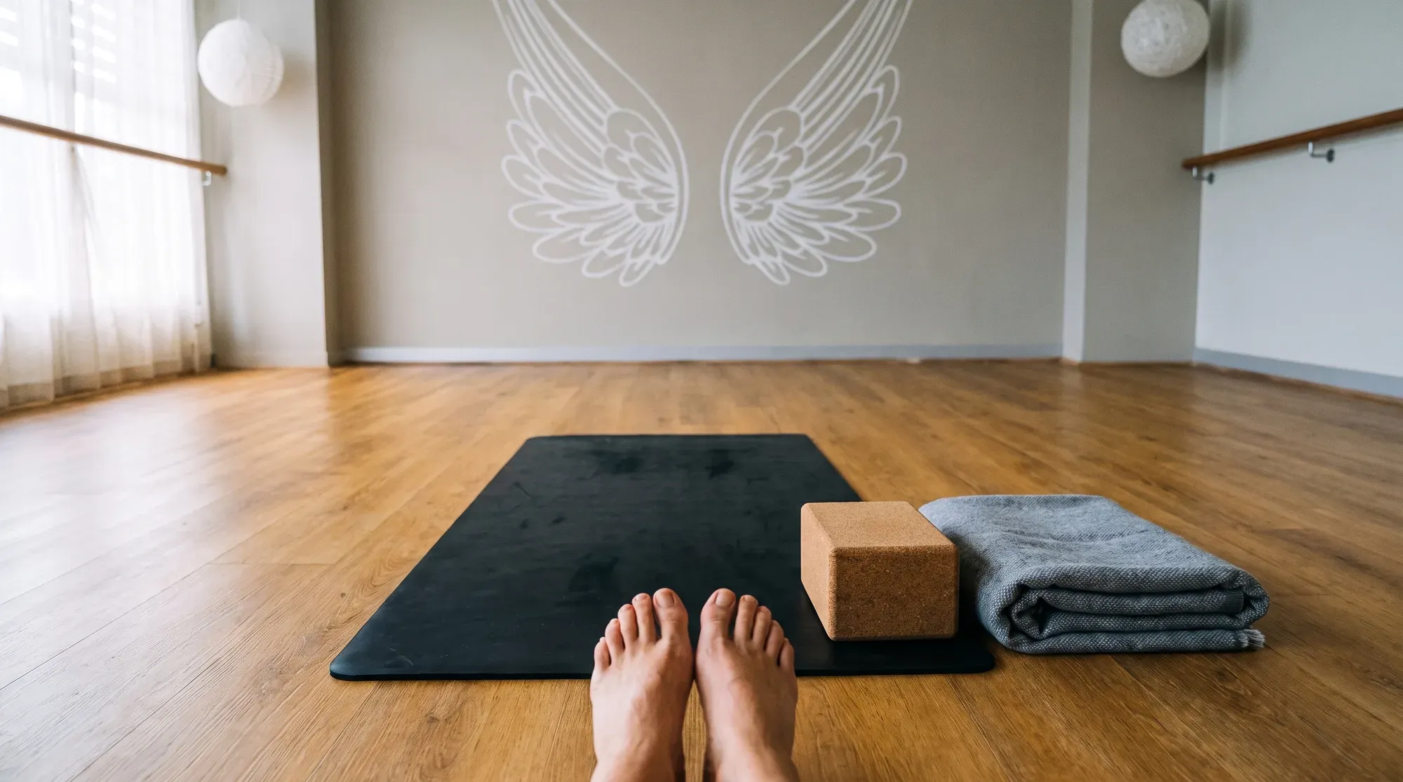 Bare feet, a cork block and a folded blanket resting on a mat on the timber floor
