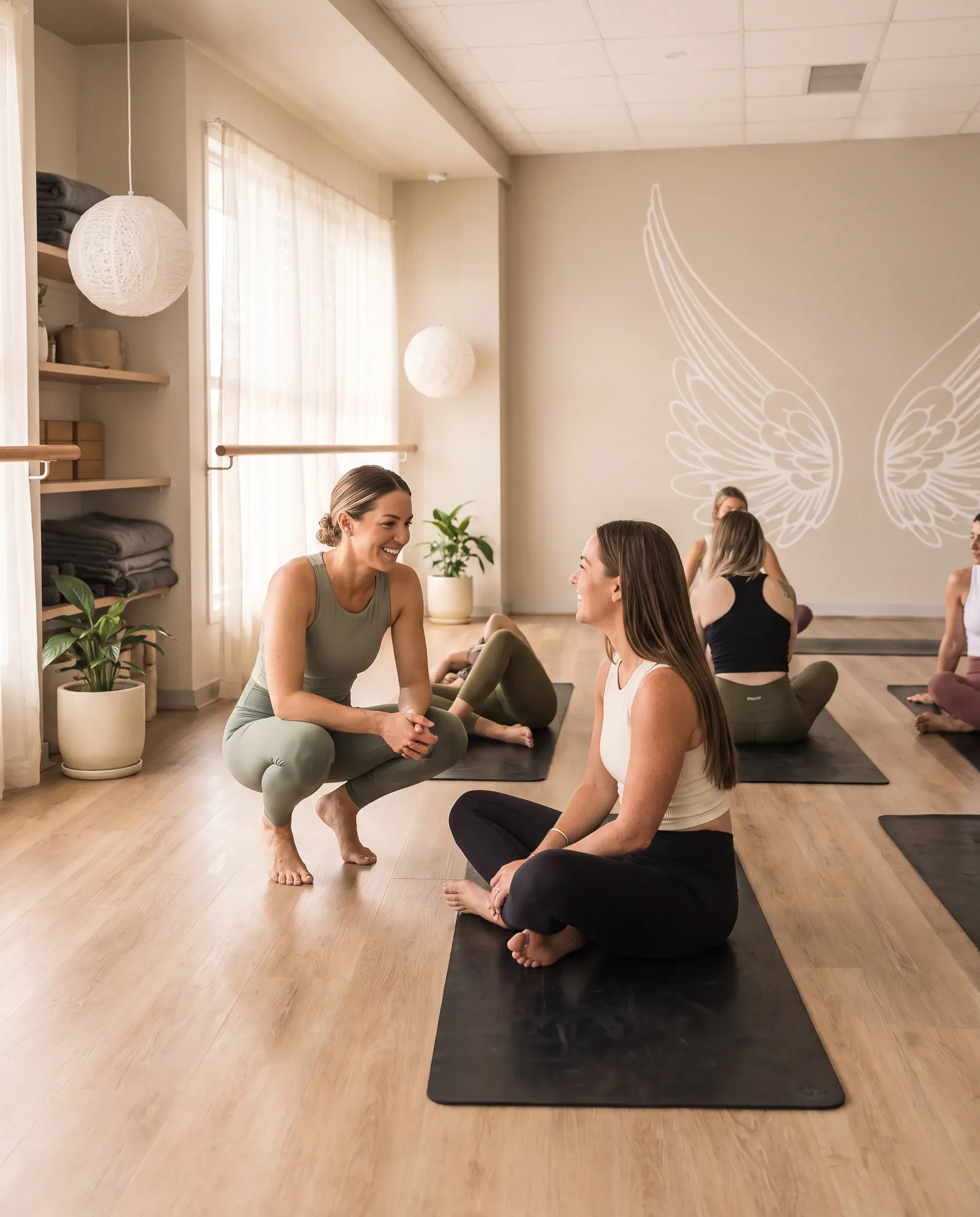 A teacher crouched beside a woman sitting on her mat, the two of them talking and smiling